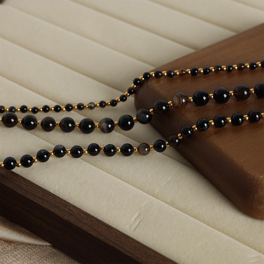 Natural Agate Round Beads Beaded Ot Buckle Necklace Titanium Steel Versatile Personality Exquisite Temperament Collarbone Chain Maillard Accessories
