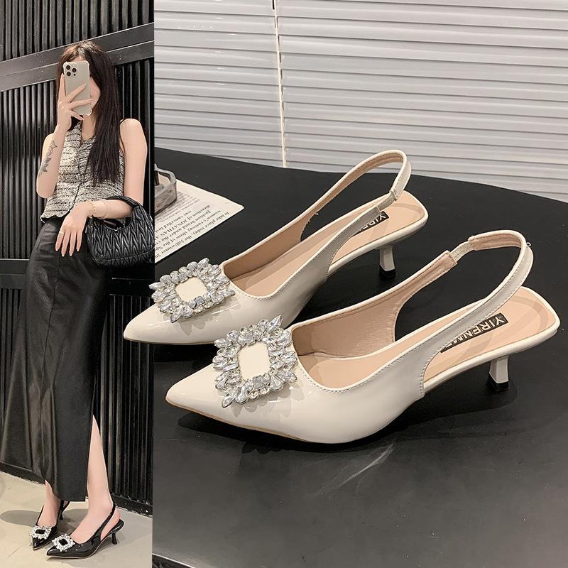 High Heels Women's Summer 2025 New European and American Fashion Pointed Rhinestone Square Buckle Thin Heel Bag Head Fashion Sandals Women