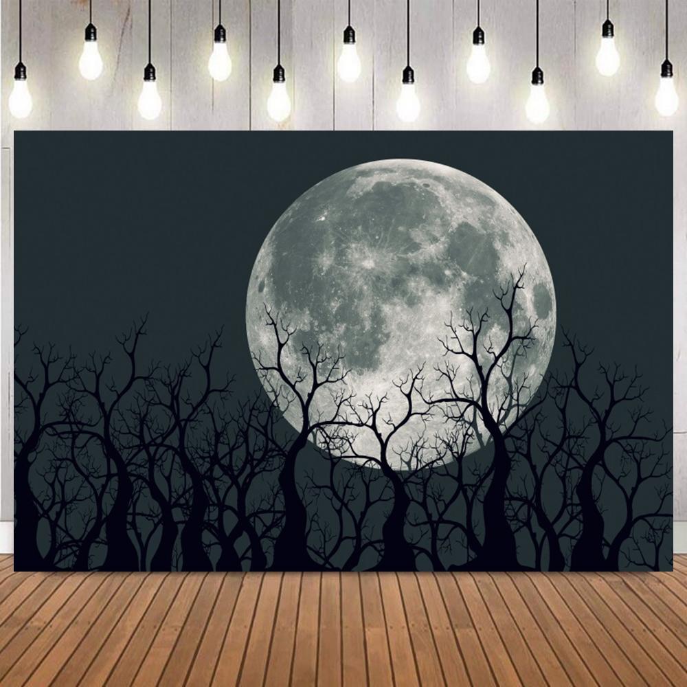 Halloween Outdoor Photography Background Full Moon Cemetery Castle Bat Pumpkin Lantern Tree Skull Scary Themed Photo Backdrop