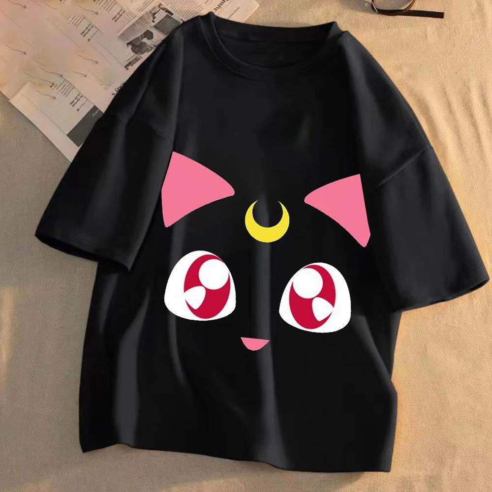 Женская аниме-футболка Sailor Moon, летняя, повседневная, с мультяшным принтом, милая, с круглым вырезом, одежда с коротким рукавом, модные топы, подарок