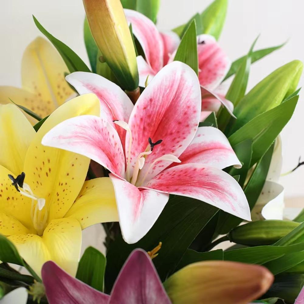 3 Heads Fake Lily Bouquet Silk Wedding Bridal Bouquet Artificial Lily Flower  Living Room Decor