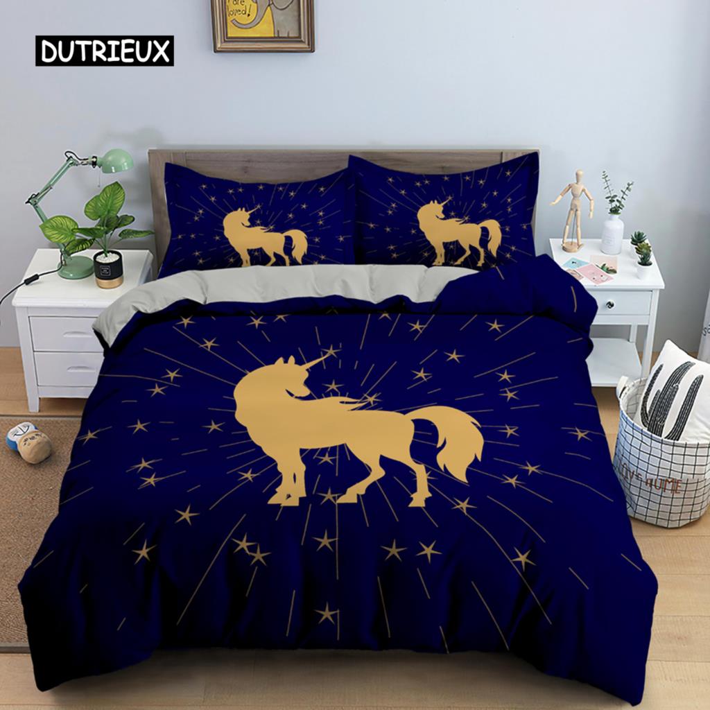 Пододеяльник с единорогом King Queen Комплект постельного белья с изображением животных из мультфильмов для детей и подростков, взрослых, милые белые волшебные существа, полиэстеровый пододеяльник