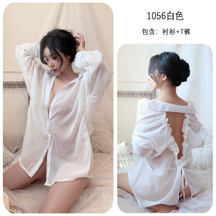 Сексуальное нижнее белье сексуальное протекание назад бойфренд рубашка перспектива искушение пижама шифон рубашка большой размер
