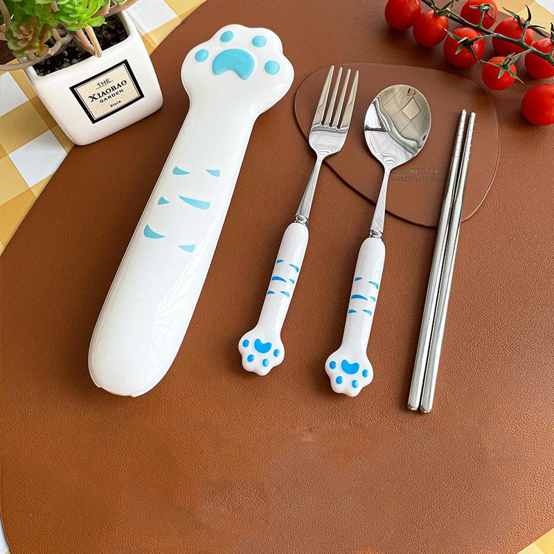 Портативный милый набор столовых приборов в виде кошачьей лапки из нержавеющей стали, вилка, ложка с ящиком для хранения, столовая посуда для студенческого обеда, аксессуары для бенто
