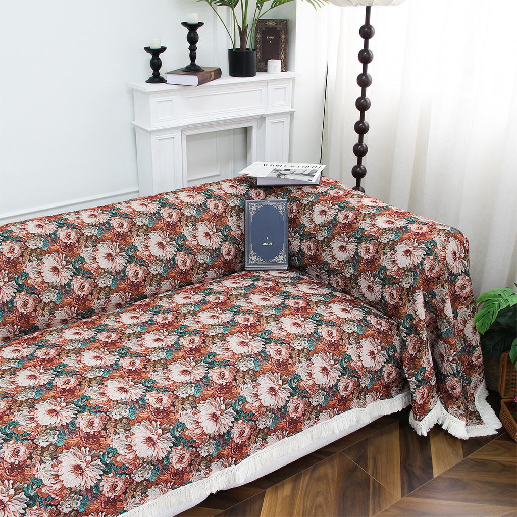Lake Blue Jacquard Floral Sofa Cover Towel Anti-Cat Scratch Retro Festival Multifunctional Sofa Blankets Universal Sofa Cover