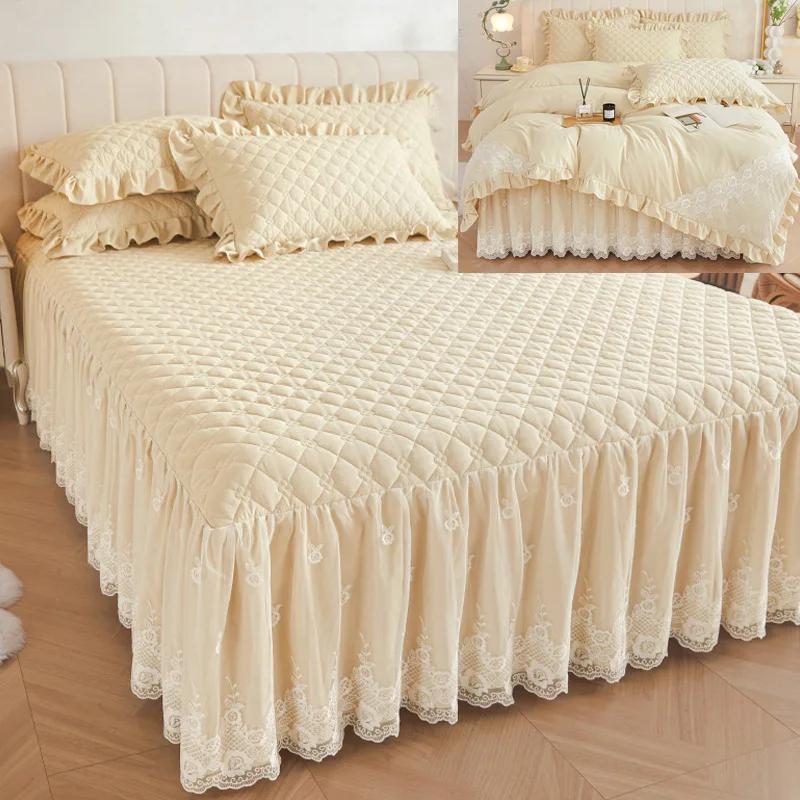 Однотонная клетчатая кружевная вышитая юбка-кровать, утолщенная стеганая пылезащитная наволочка, моющиеся нескользящие простыни, постельные принадлежности