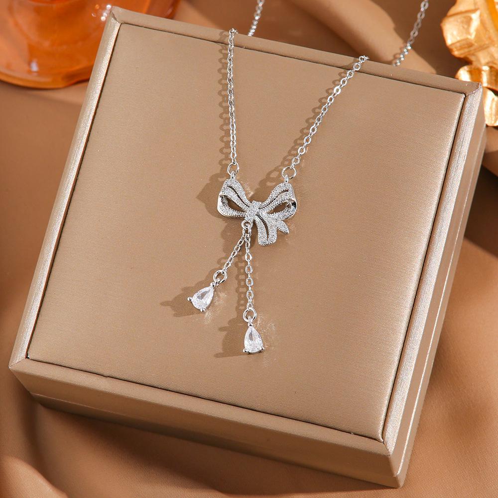 Korean Butterfly Tassel Luxury Diamond Titanium Steel Necklace - Women's Versatile Clavicle Jewelry