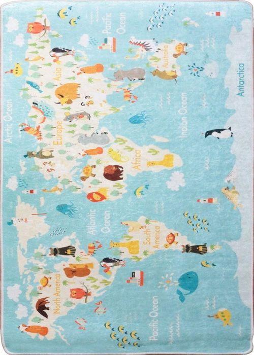 Tapis Enfant - MANI TEXTILE - Monde - Bleu - 80x150 cm - Antidérapant