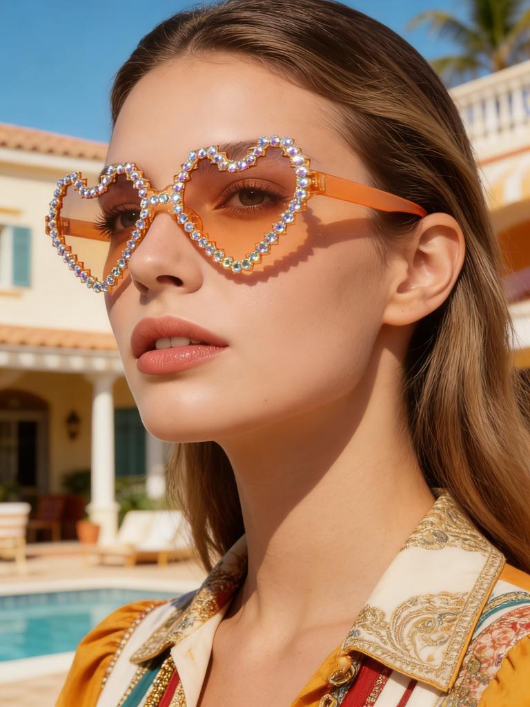 Trendy Party Shades Rhinestone Heart Sunglasses for Women Gradient Tinted Lenses UV Protection for Festivals KJ188