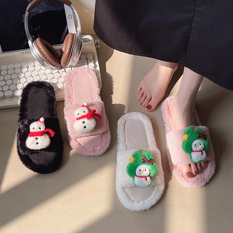 Теплые пушистые тапочки женские толстые пушистые меховые тапочки снеговик новогодняя елка домик шлепанцы домашние тапочки плоская домашняя обувь на полу