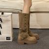 Мода Винтаж рыцарь женские сапоги до середины голени мода слипоны длинные сапоги осень зима толстые каблуки женская обувь