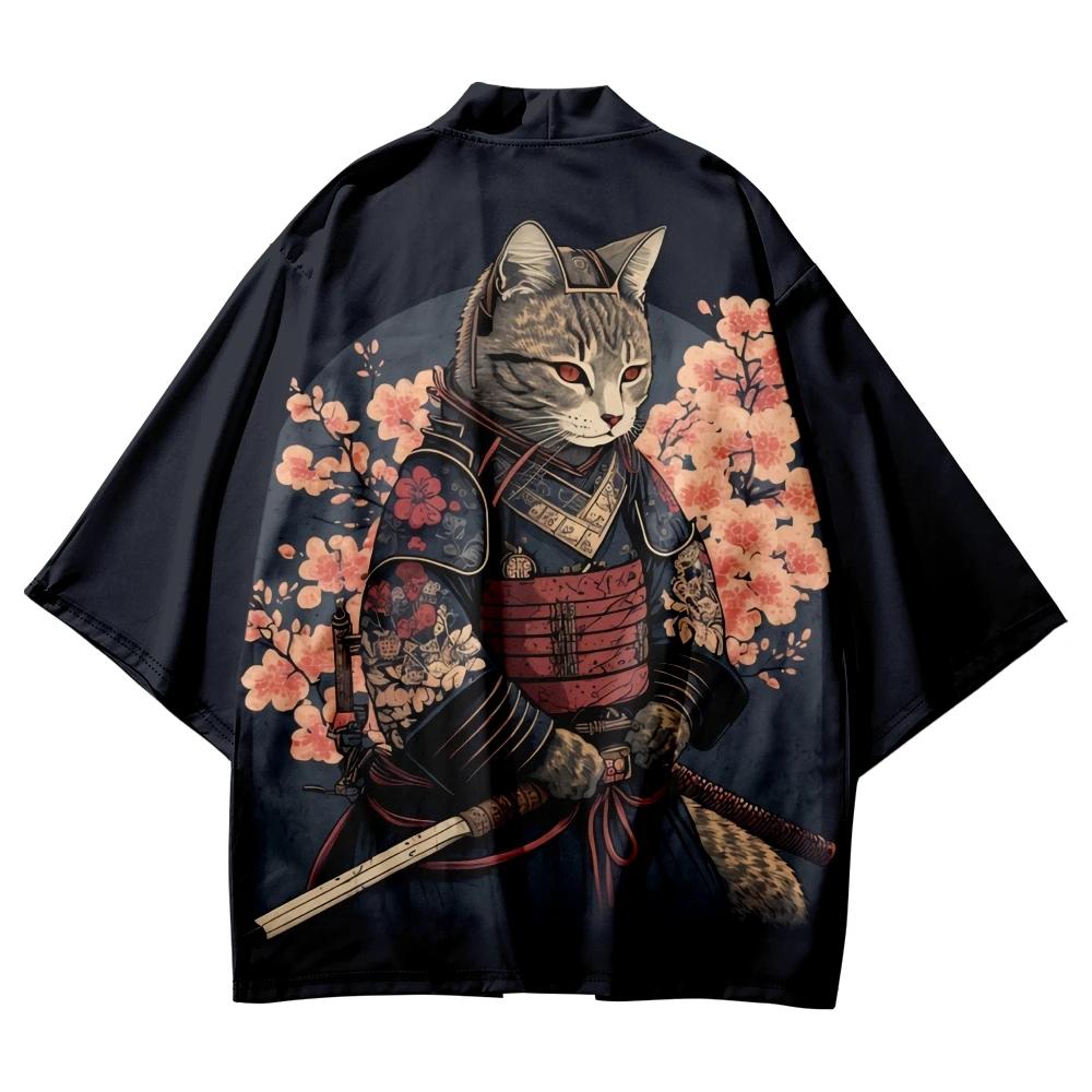Japanese Sakura Cat Samurai Printed Kimono for Men Women, Haori Cardigan, Traditional Costume, Loose Short Sleeve Cloak, S-3XL