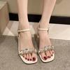Fashion Rhinestone Solid Color Thin High Heels for Women 2025 New Open Toe Thick with Women Summer Square Head Rhinestone Sandals