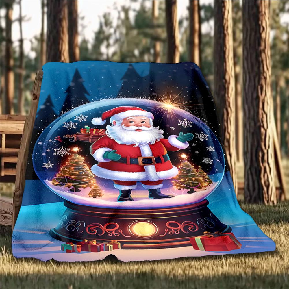 1pc Snow globe Santa Claus Outdoor Flannel Blanket Soft All Season Polyester Throw , Perfect for Picnics & Travel , Picnic Accessory