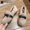 Fashion Plus Size 42/43 Rabbit Fur Shoes Woman Leather Belt Strap Flats Furry Moccasins Plush Warm Footwear Winter Snow Fluffy Loafers