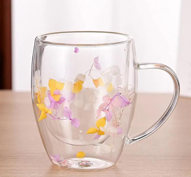 350 мл Двойная стеклянная кружка с начинкой из сухих цветов с ручками кухонные принадлежности WLL2148