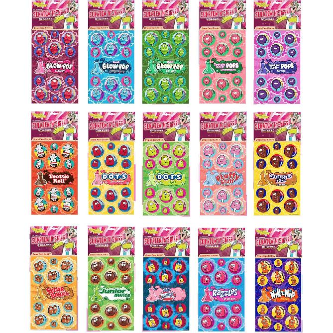 Dr. Stinky's Scratch N Sniff Stickers Favorite Candy 15-Pack- Blow Pop, Tootsie Roll Pop, Tootsie Roll, Dots, Fluffy Stuff, Charleston Chew, Sugar