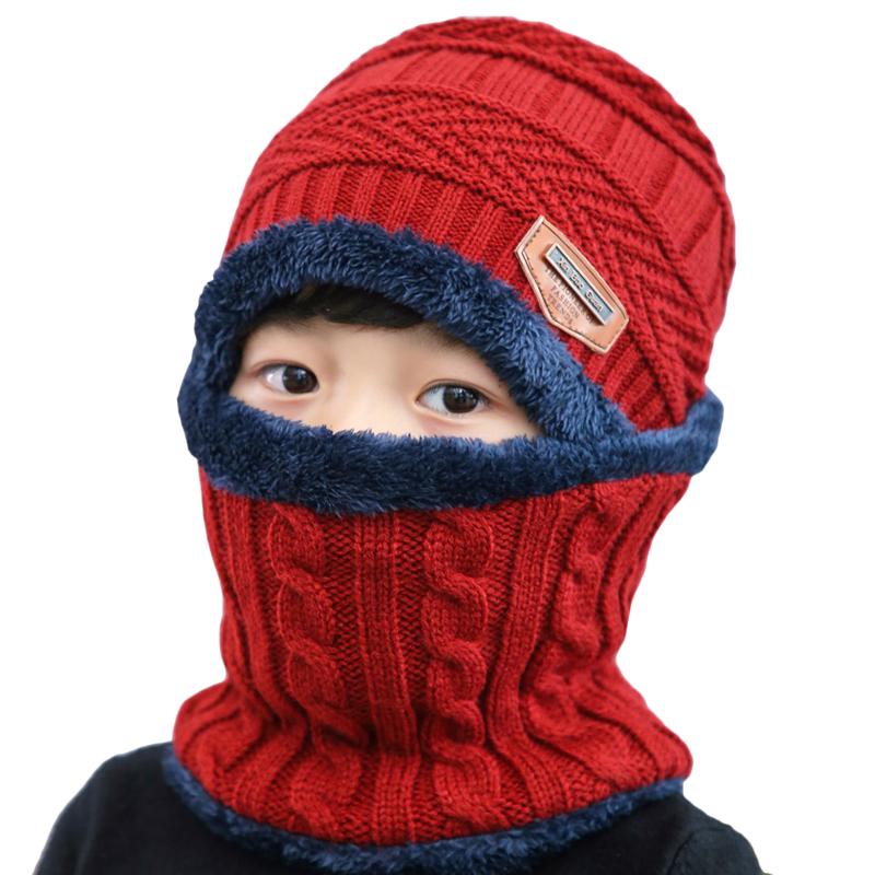 Children's Arrow Cap Winter Warm Boy Girl Knit Hat Scarf Ski Collar Mask Cotton Plus Velvet Beanie