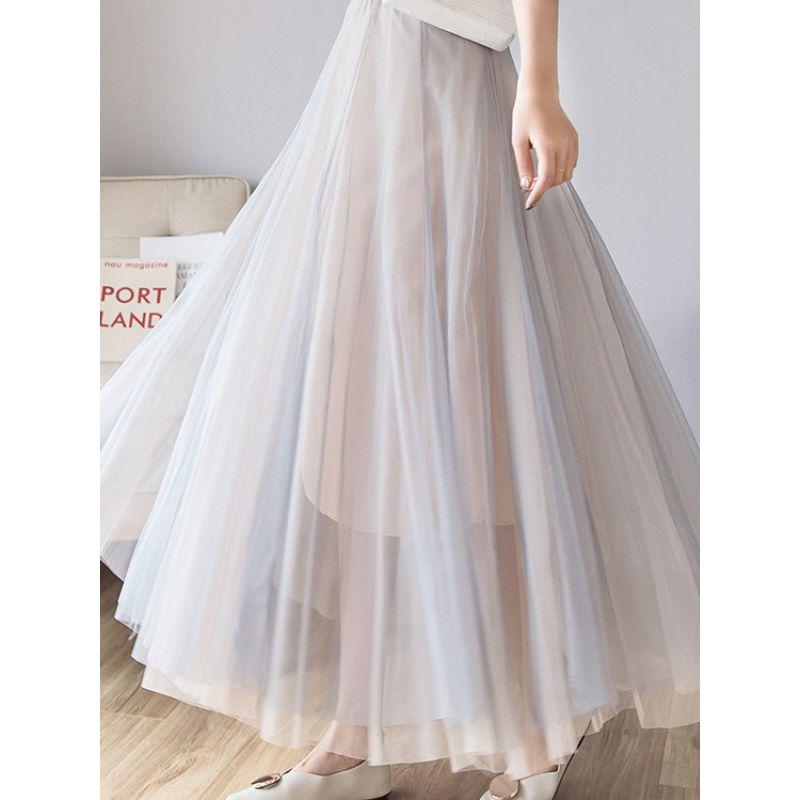 High Waist Mesh Slim Pleated Skirt High Waist Mesh Slimming Pleated Maxi Skirt Gauze Skirt