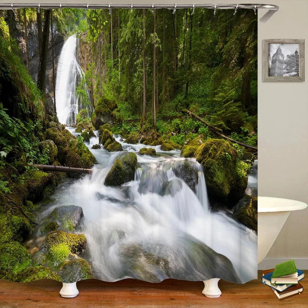 3D Natural Landscape Waterfall Forest Printed Bathroom Shower Curtain Polyester Waterproof Curtain With Hook Home Decor Curtain