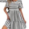 Женская мода лето весна полосатый принт короткий рукав О-образный вырез средняя талия повседневные платья