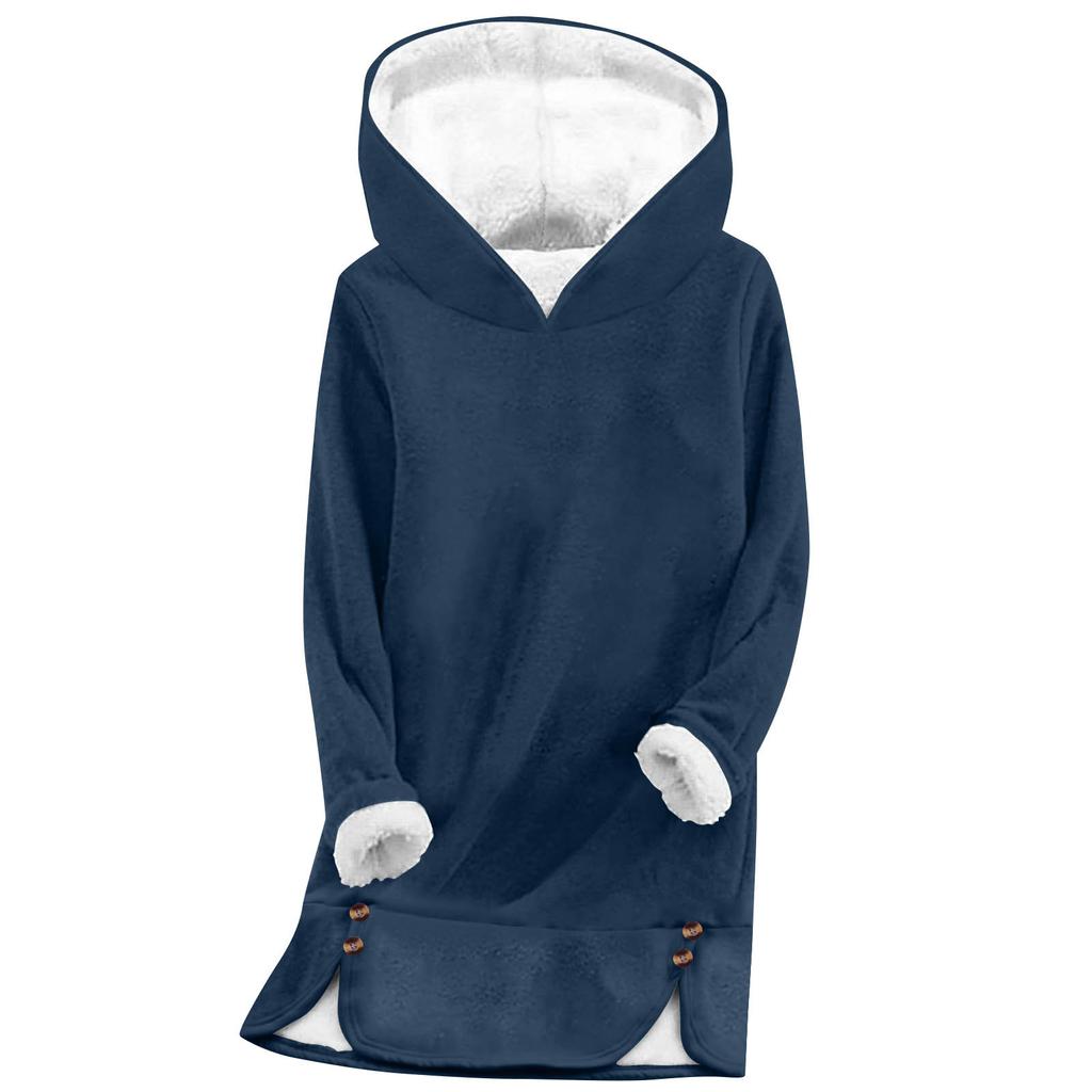 Women's Fashionable Solid Color Hooded Long Sleeved Plush Versatile Warm Bottom Shirt Top
