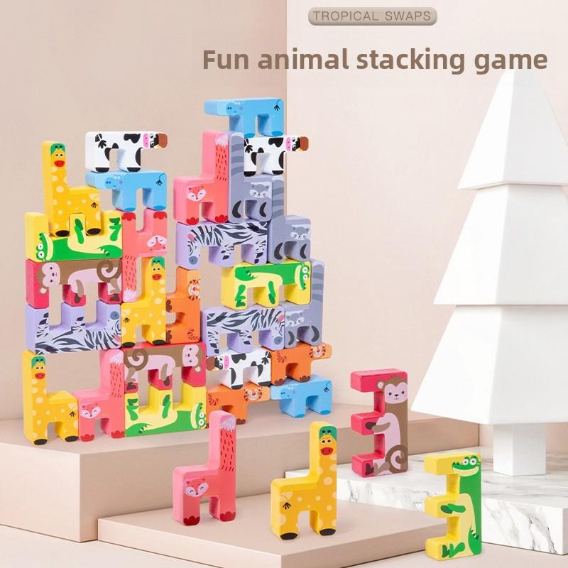Деревянные блоки-животные для stacking (укладывания друг на друга) для детей, креативная развивающая игрушка на баланс