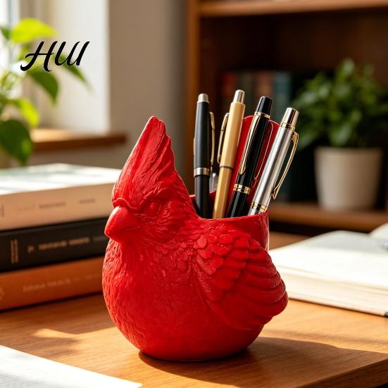 Cute Desktop Accessory 3D Printed Red Bird Pen Holder, Animal Pencil Anti-yellowing Stand Storage Cup, Organizer for Pencils, Makeup Brushes,