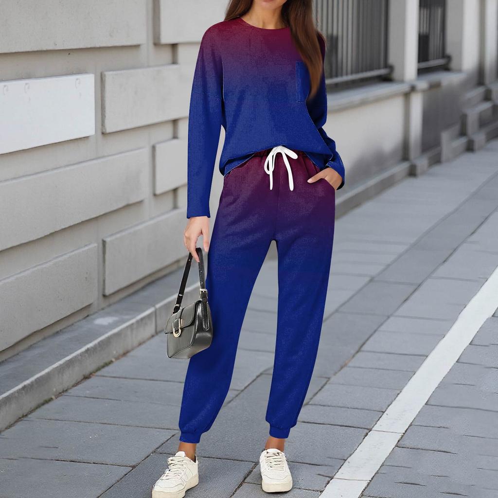 Комплекты для женщин из 2 предметов: футболки с круглым вырезом и длинным рукавом, принтованные спортивные брюки с карманами