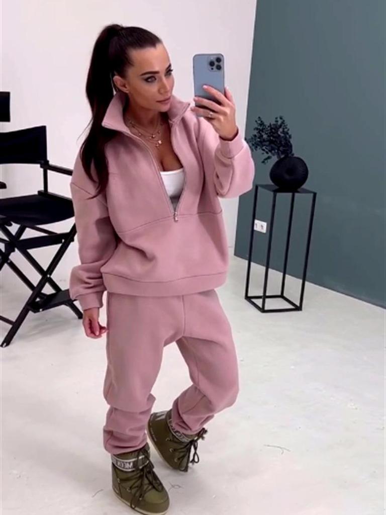 Европейская и американская женская мода Толстовка в японском стиле: Премиальный флисовый однотонный вязаный комплект-двойка, коллекция 2023.