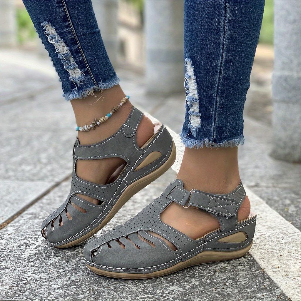 Women's Retro Wedge Sandals, Closed Toe Hollow Trendy Shoes, Casual Slingback Sandals