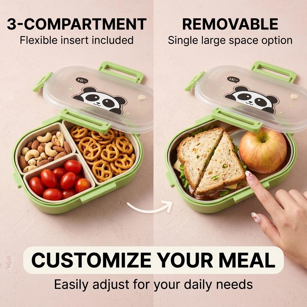 Portable 3 Grids Cartoon Kids Lunch Box Microwave Plastic Divided Bento Box Large Capacity Food Container For Students School