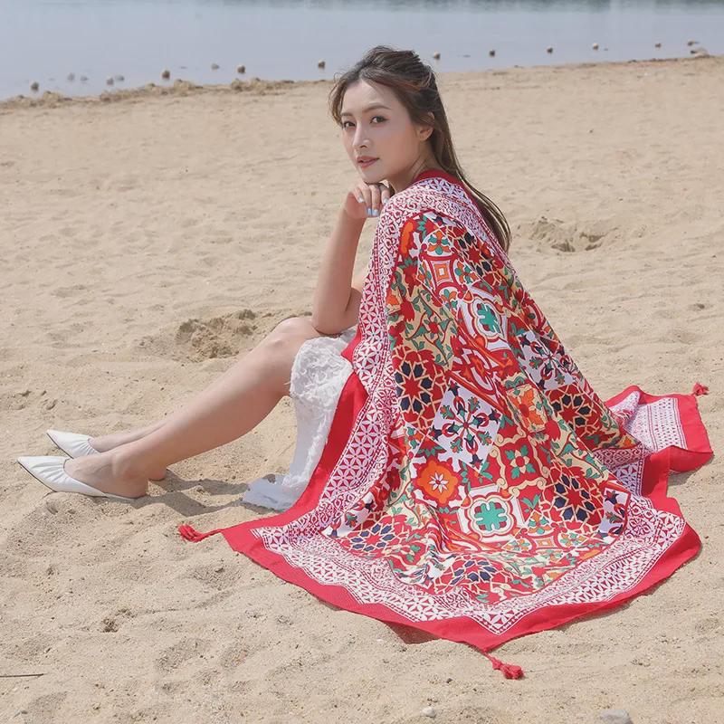 Seaside Travel Cotton & Linen Scarf: Silk Print, Sunscreen Shawl