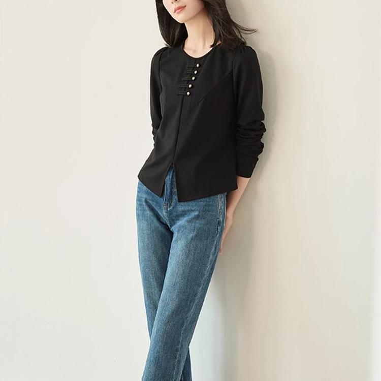 New Chinese Style Long-sleeved T-shirt for Spring New Women's Small Slit Loose Lazy Top