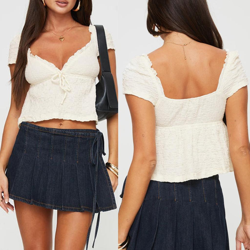 Women T-shirt, Short Sleeve V Neck Tie-up Solid Ladies Crop Top Summer Tops for Casual Daily