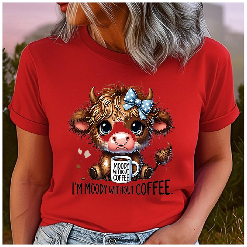 Women's Polyester 100% yak drinking tea Print T-shirt Loose round Neck Casual Short Sleeve Fashion Top Clothing Summer