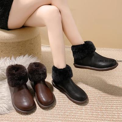 Ботильоны женские женские кожаные ботинки из натурального меха лисы брендовые зимние ботинки теплые черные с круглым носком повседневные женские зимние ботинки