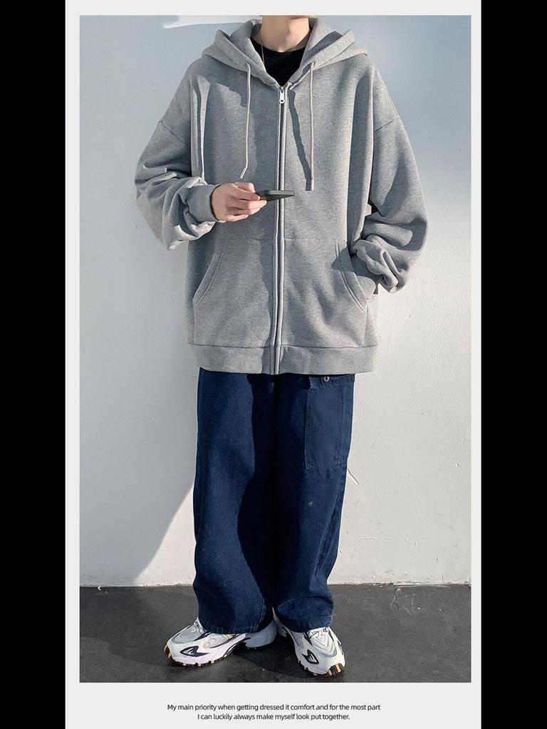 Men's Hooded Cardigan Sweatshirt - 2022 Autumn/Winter, Solid Color, Trendy Loose Fit, Sports Style, with Zipper.