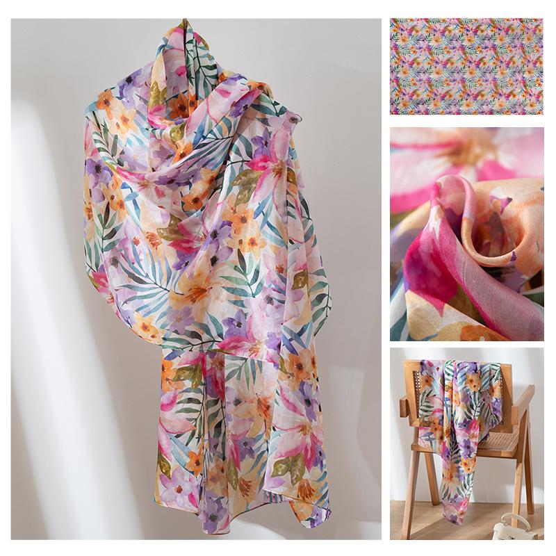 Длинные полосы шелкового шарфа  Высококлассный шарф из тутового шелка  Женский свежий маленький цветочный тонкий стиль  Атмосфера  Большая шаль