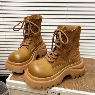 Платформа Женские 2025 Осень и Зима Новые Маленькие Увеличенные Нескользящие Короткие Ботинки-Цилиндры Матовые Мотоциклетные Ботинки