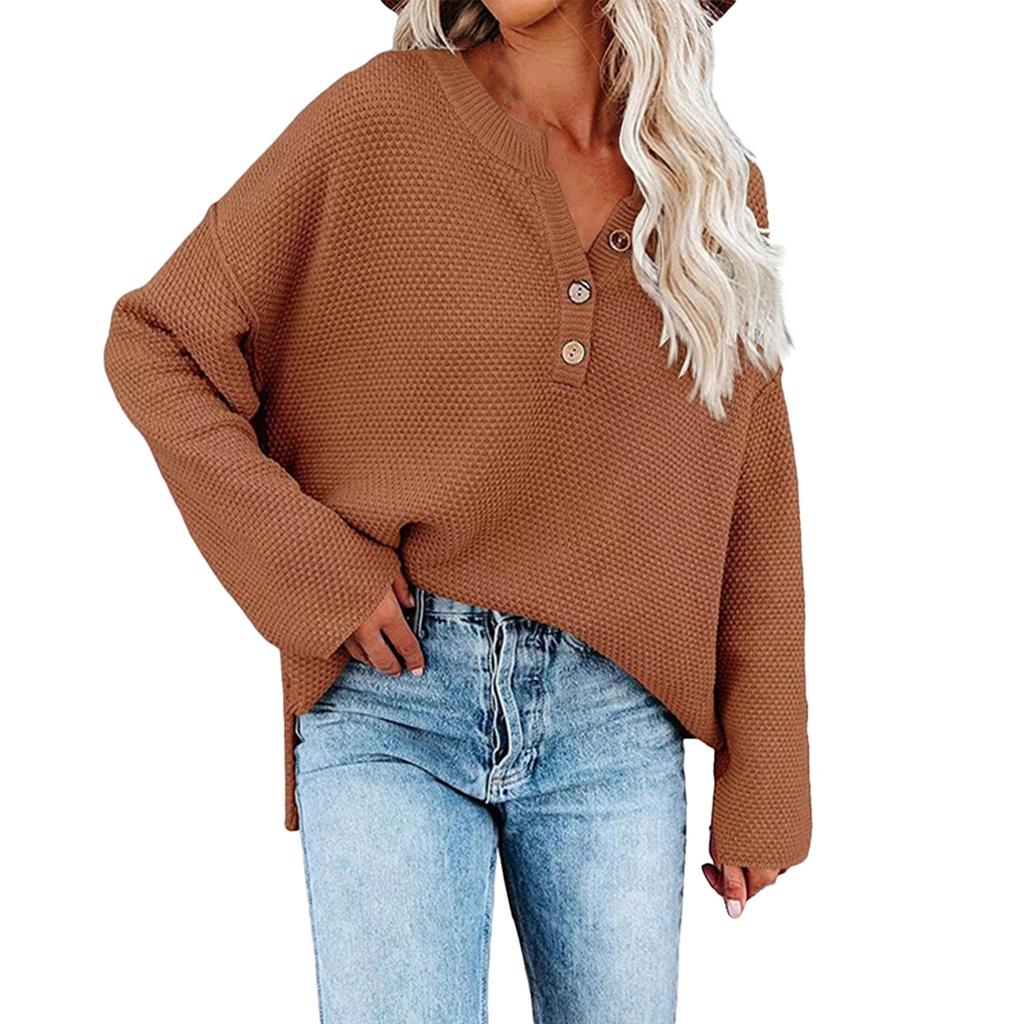 Женская мода, повседневный однотонный свободный вязаный пуловер с круглым вырезом и пуговицами, топ