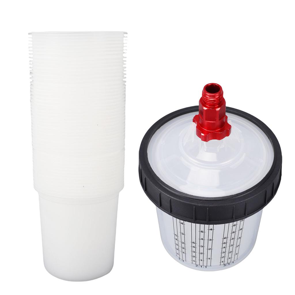 Spray Gun Cup Liners and Lid System Disposable 50pcs 20.3oz Liners 50pcs Lids 1 Hard Cup 1 Fixing Ring 10 Plugs 1