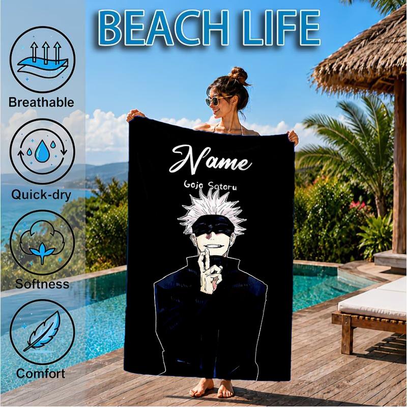 Custom Name Gojo Jujutsu Beach Towel Microfiber Beach Towel, Lightweight and Quick-Dry, for Summer Travel, Swimming Pool Gift