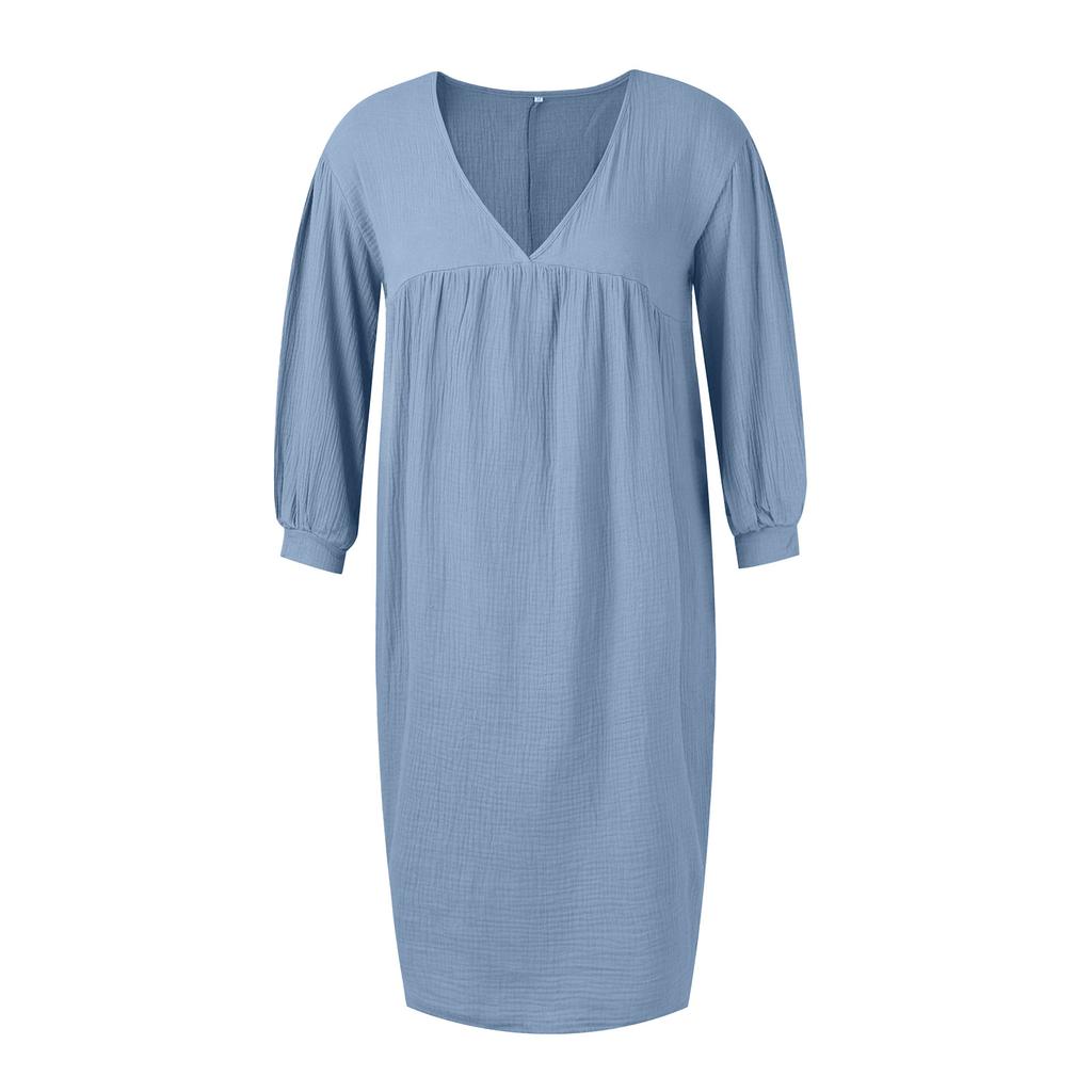 Ladies Casual Living Solid Pocket V Neck Pleated Dress Puff Sleeve Long Sleeve Cotton Dressy Fit Dress