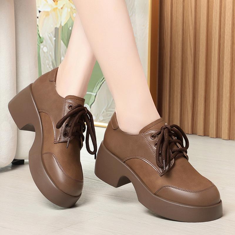 5cm Vintage Comfortable Soft Leather Loafers Women Platform Shoes 2025 Fall Med Square Heels Shoes Thick Bottom for Office Mom