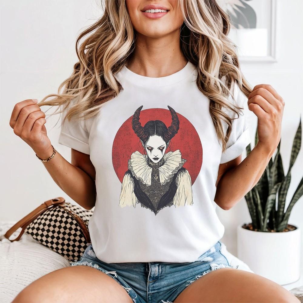 Horned Demoness Gothic Fantasy Womens T-Shirt Dark Art Style