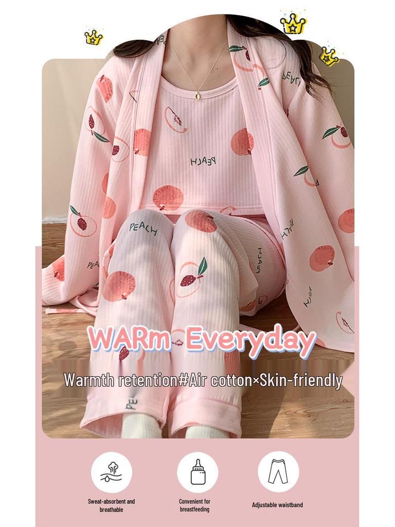 Зимний комплект из трех предметов для беременных из воздушного хлопка 2024: Утолщенное кимоно для послеродового кормления грудью и домашней носки.