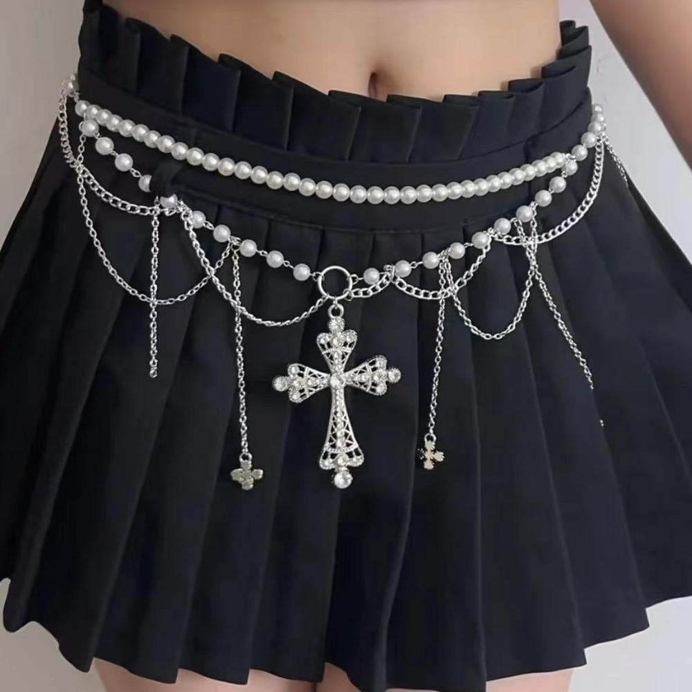 Acrylic Beads Y2K Silver Waist Chain Adjustable Crystal Tassel Waistband Waist Seal