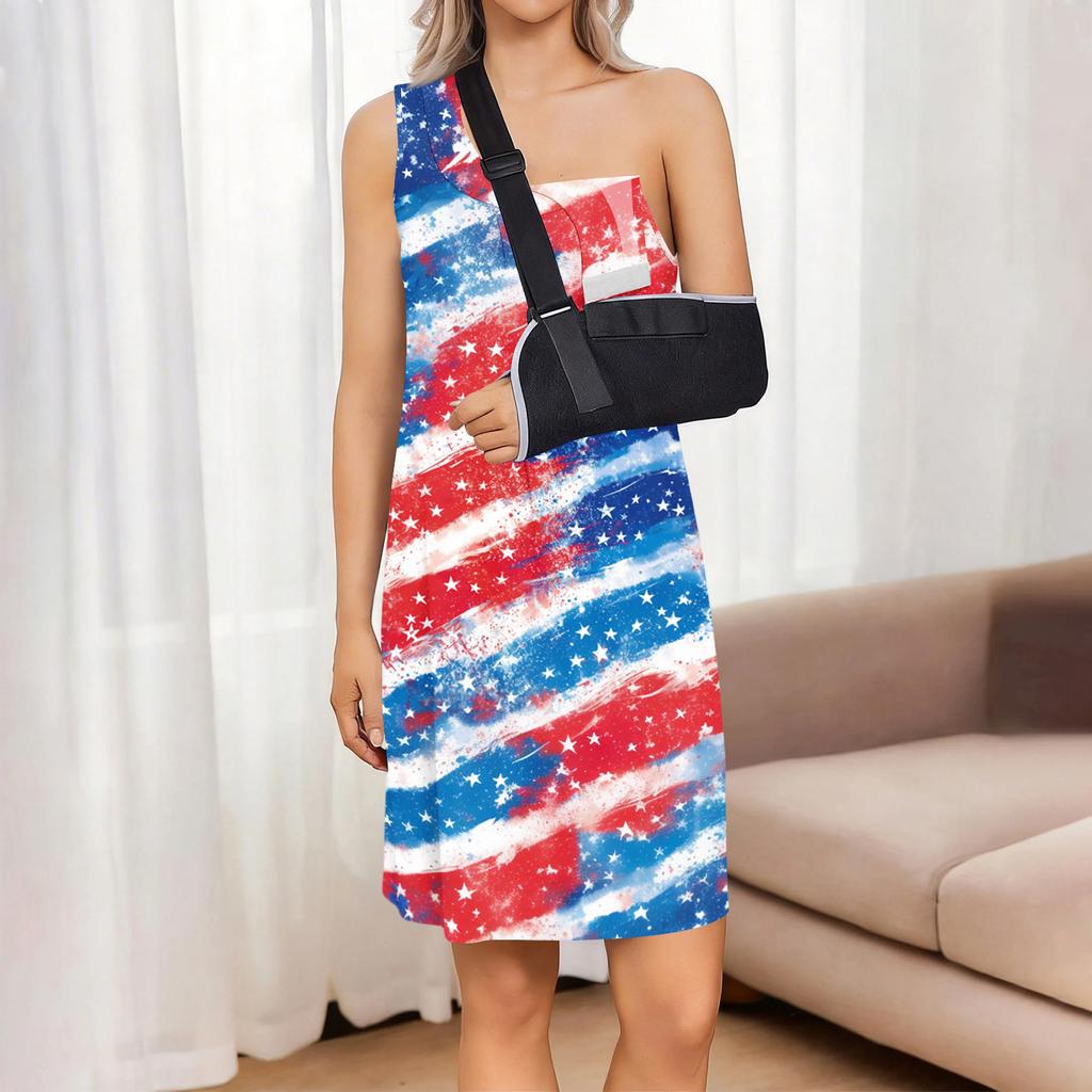 Sleeveless Tearable Post Shoulder Surgery Dress Women Floral American Flag Print Independence Day Casual Summer Dress