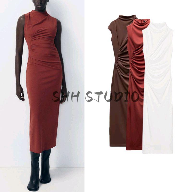 Spring New Women Clothes Vest Dress Long Knitted Pleat Decorative Stand Collar Sleeveless Dress 4772345